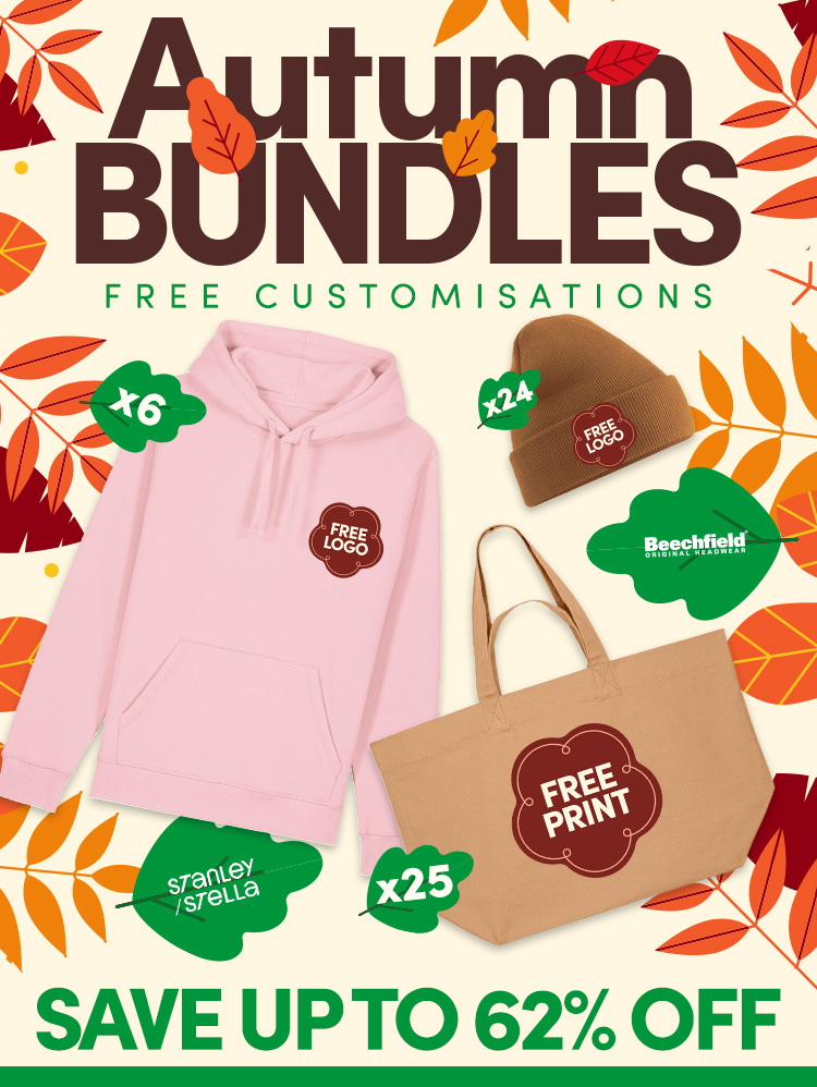 Take advantage of autumn bundle deals with free customisation on selected personalised products. Save up to 62% while creating branded merchandise for your organisation.